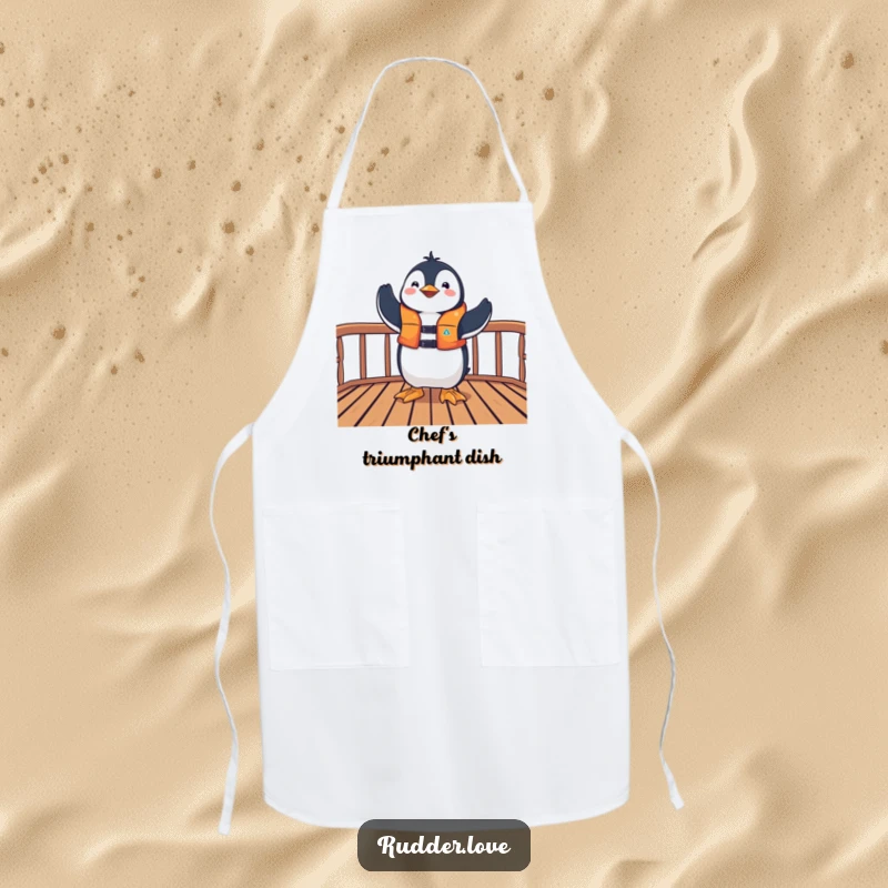 Funny apron featuring a playful penguin in a life jacket striking a triumphant pose on a deck, ideal for kitchen celebrations.
