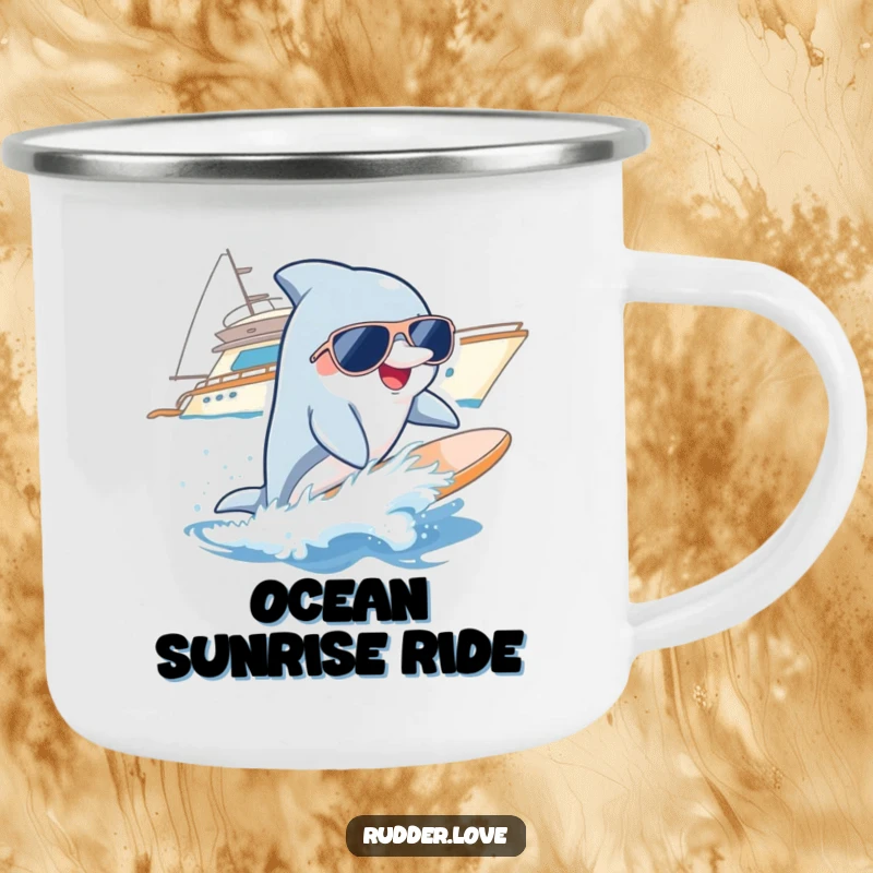 Funny camping mug with a smiling dolphin wearing sunglasses, surfing a wave near a yacht, perfect for beach camping trips.