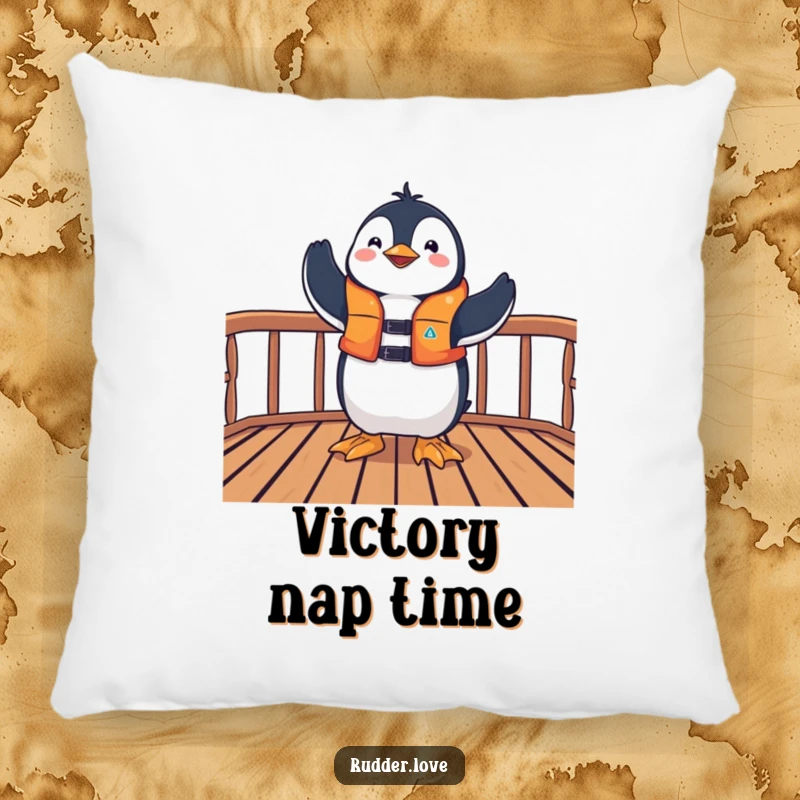 Funny pillow with a playful penguin in a life jacket striking a triumphant pose on a deck, perfect for a celebratory touch.