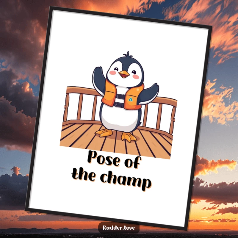 Funny digital art print of a playful penguin in a life jacket striking a triumphant pose on a deck, perfect for celebratory decor.
