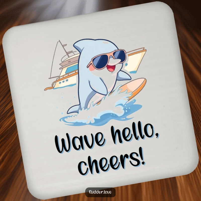 Funny drink coaster depicting a smiling dolphin wearing sunglasses, surfing a wave near a yacht, a functional and amusing accessory.