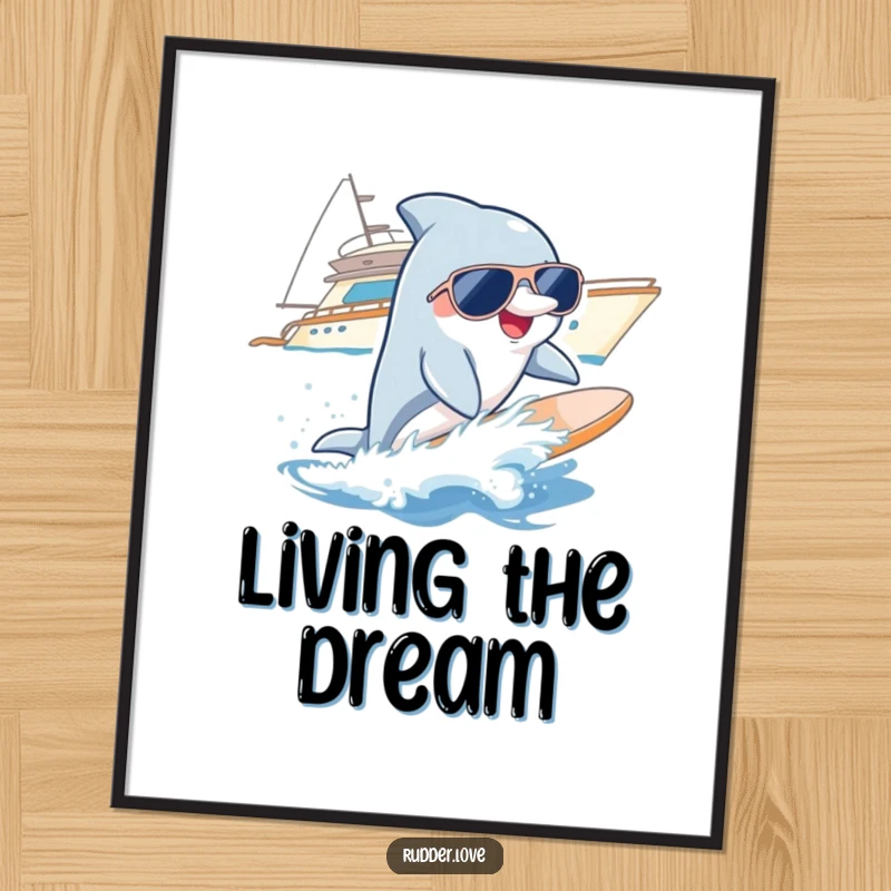 Funny poster showcasing a smiling dolphin wearing sunglasses, surfing a wave near a yacht, embodying ultimate coolness.