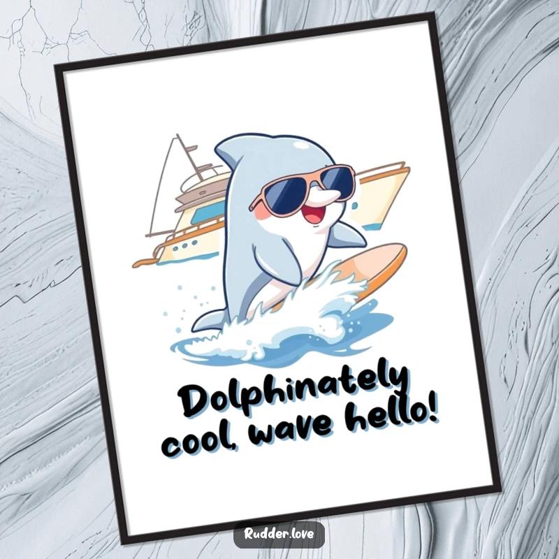 Funny Free Printable Wall Art: A smiling dolphin wearing sunglasses expertly surfing a wave near a luxurious yacht.