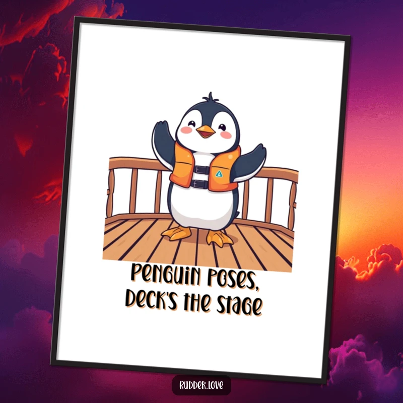 Funny Free Printable Wall Art: A triumphant penguin wearing a life jacket striking a pose on a boat's deck.