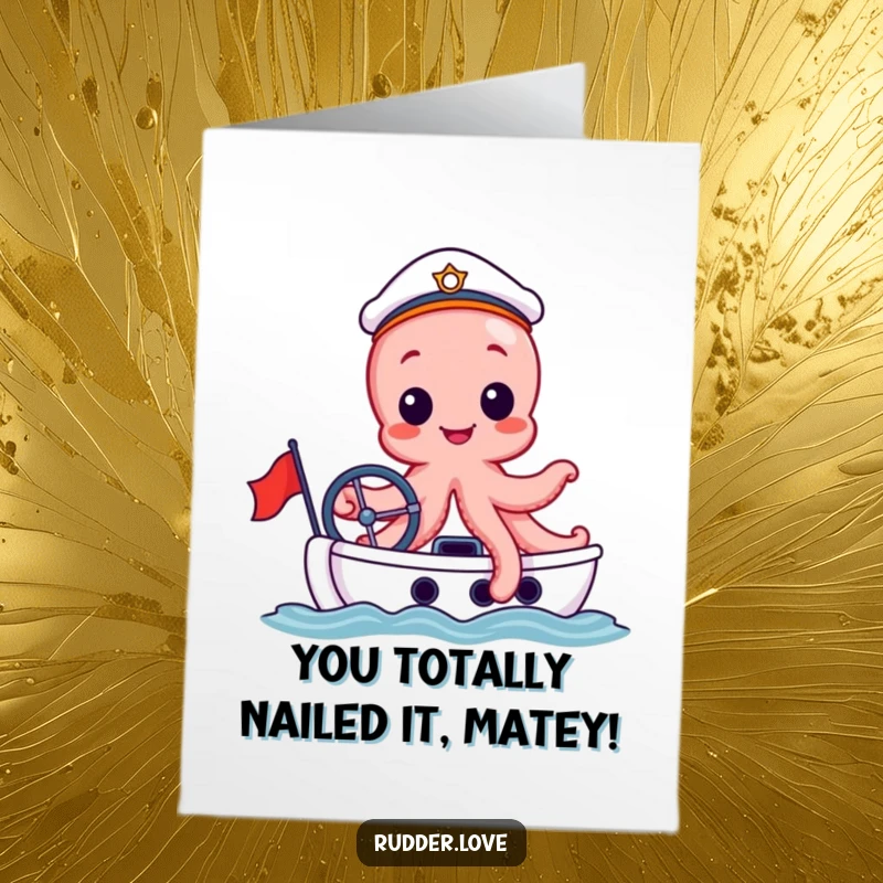 Funny Free Printable Congratulations Card: A cheerful octopus wearing a sailor hat at the helm of a tiny yacht.