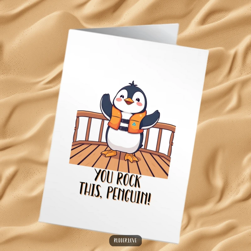 Funny Free Printable Congratulations Card: A triumphant penguin in a life jacket striking a pose on a deck.