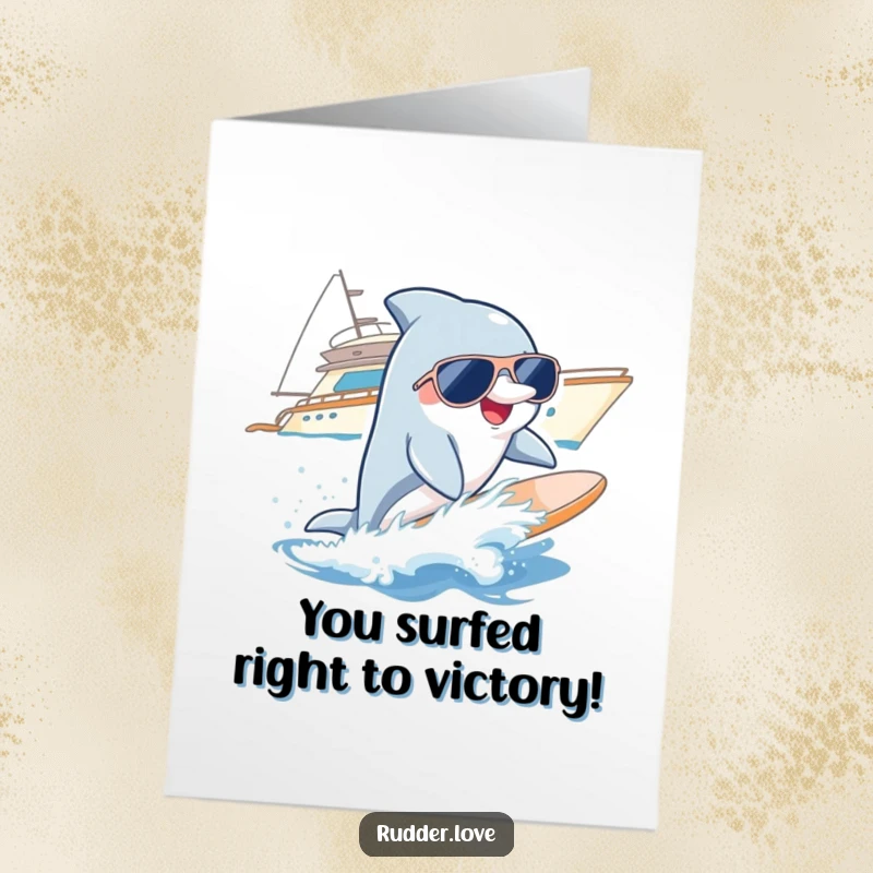 Funny Free Printable Congratulations Card: A dolphin wearing sunglasses surfing a wave, celebrating success near a yacht.