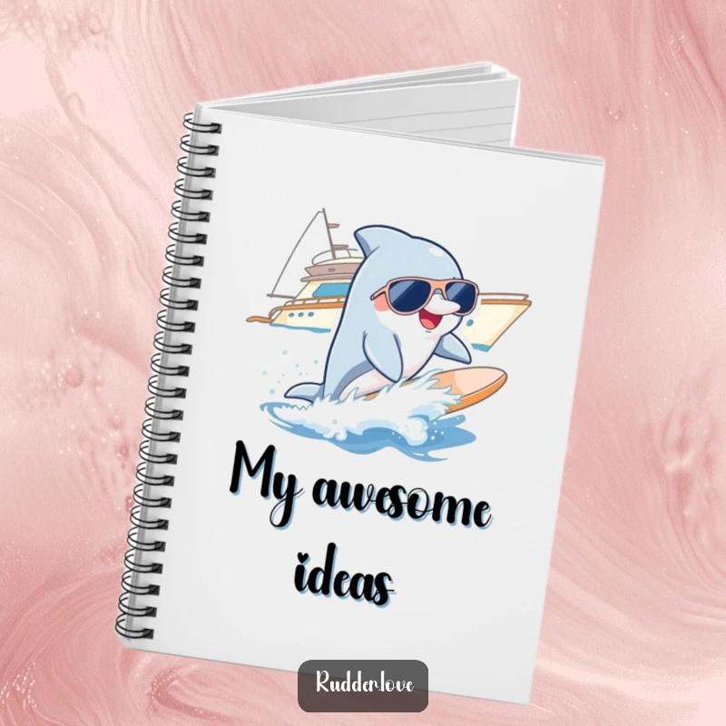 Funny notebook with a smiling dolphin wearing sunglasses, surfing a wave near a yacht, perfect for jotting down cool ideas.