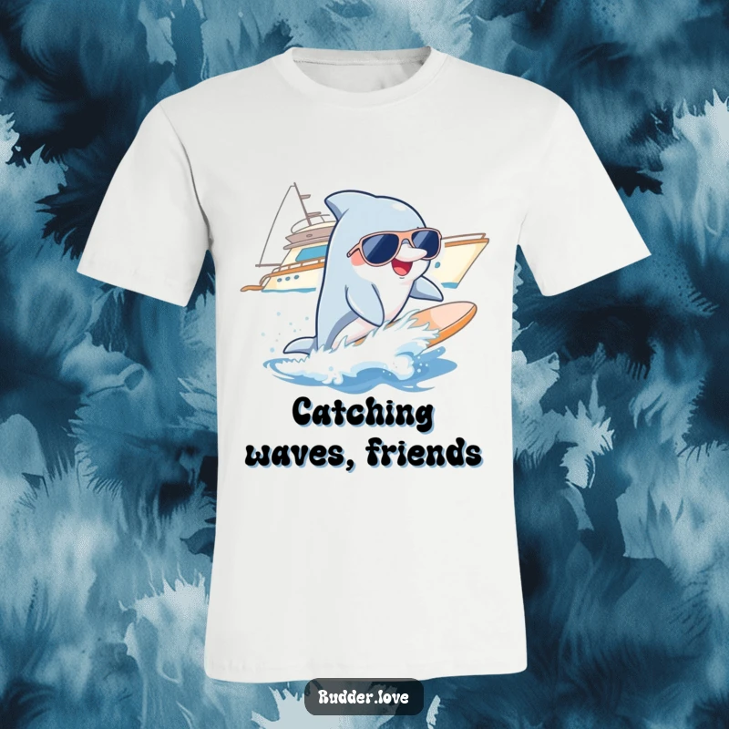 Funny t-shirt with a smiling dolphin wearing sunglasses, gracefully surfing a wave beside a yacht, embodying ultimate cool.