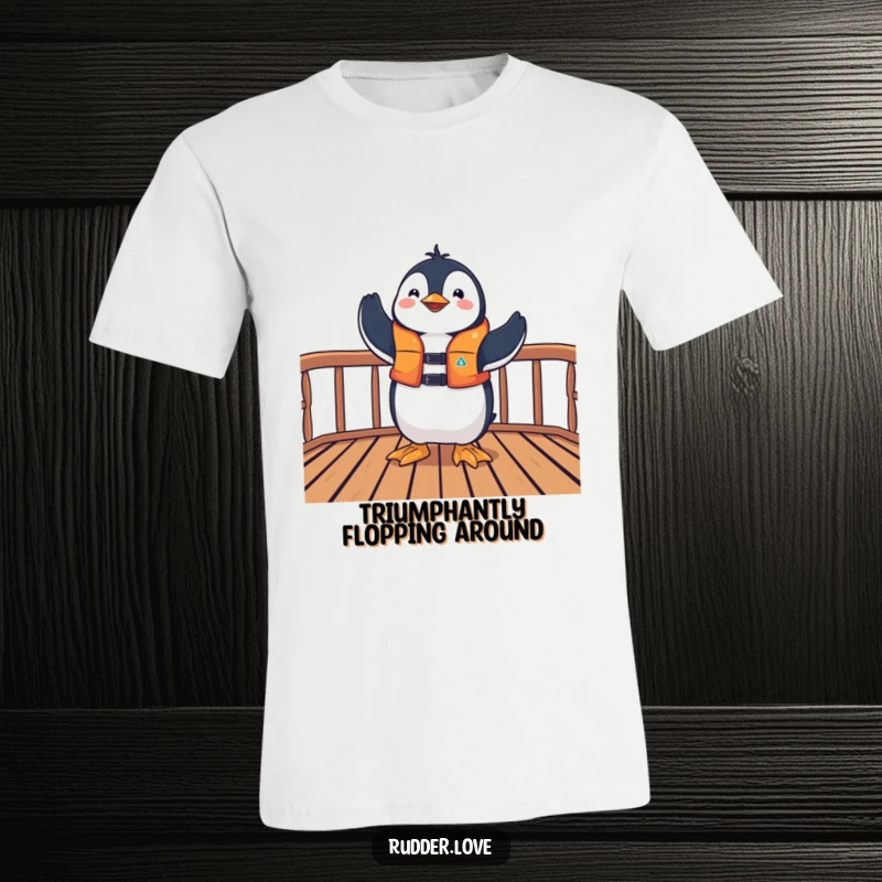 Funny t-shirt with a playful penguin in a life jacket striking a triumphant pose on a boat deck, exuding pure victory.