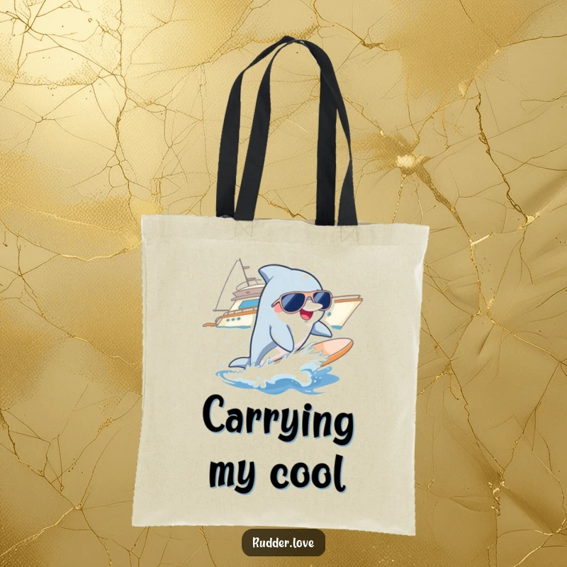 Funny tote bag with a smiling dolphin wearing sunglasses, surfing a wave near a yacht, ideal for beach trips and shopping.